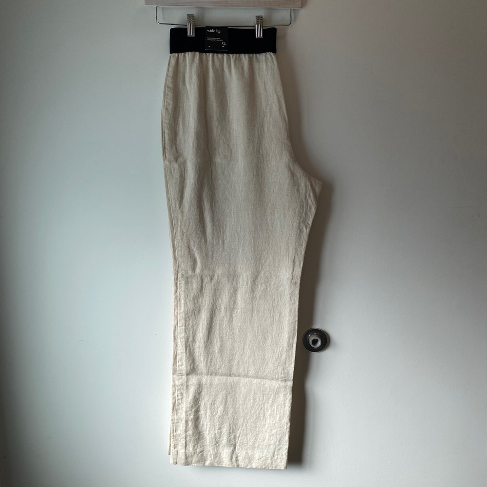 Alfani Pants Women XL Beige Wide Leg 100% Linen Elastic Waist Casual Trousers